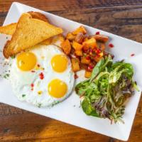Three Eggs Any Style · Served with home fries, salad, and toast.