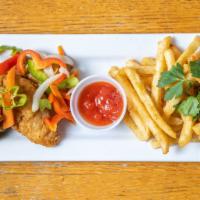 Fish N Tings · Whiting fish fillet topped with escovitch sauce. Served with fries.