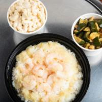 Garlic Shrimp Bowl · Served with Rice, Mac Salad, and Pickled Vegetables.