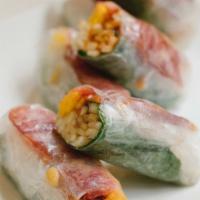 Bo Bia · Autumn roll with jicama, egg, basil, shrimp, peanuts and sausage