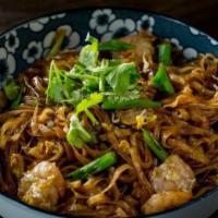 Garlic Noodles · Stir fried rice noodles with egg, scallions, garlic, and shrimp.