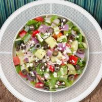Greek Geek Salad · Romaine, tomatoes, bell peppers, onions, Kalamata olives, cucumbers, oregano, olive oil, and...
