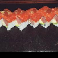 Fox Lady Roll · pepper tuna avocado scallion & wasabi honey sauce inside top w. spicy salmon, wasabi caviar ...