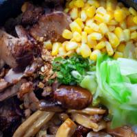 Pork Chashu Don · Pork chashu, cabbage, corn, mushrooms with chef's teriyaki sauce. Sprinkled with scallions a...