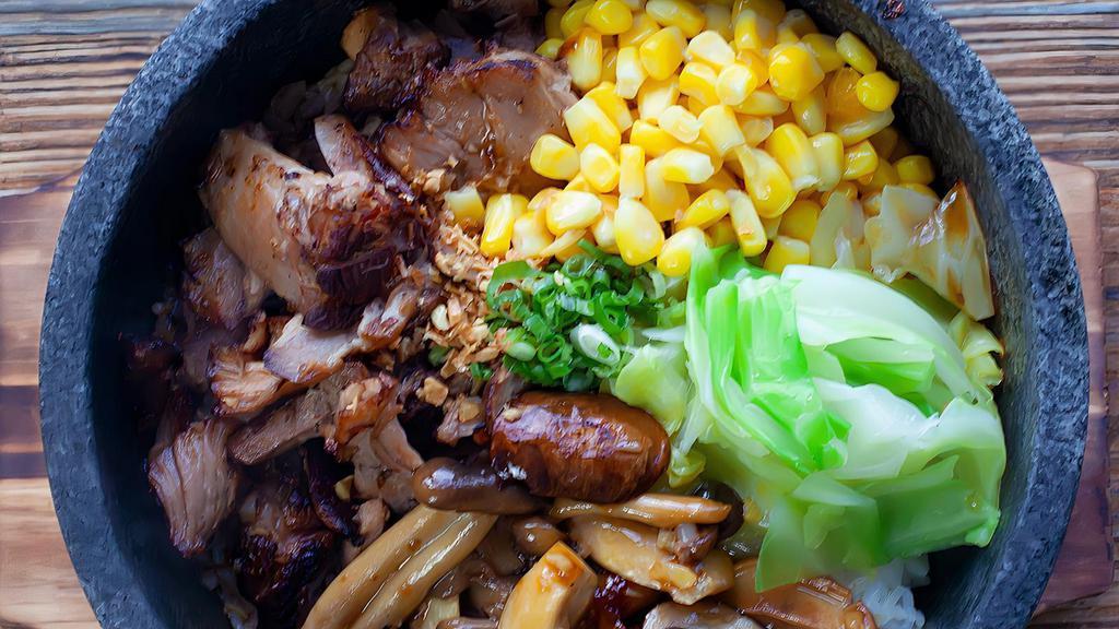 Pork Chashu Don · Pork chashu, cabbage, corn, mushrooms with chef's teriyaki sauce. Sprinkled with scallions and crispy onions.