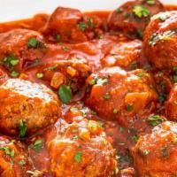Meatball · Ground meat prepared with bread crumbs, minced onion, and italian seasoning.
