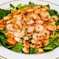 Shrimp Avocado Salad (Gf) · Romaine lettuce, tomatoes, cucumbers, cilantro, avocado & grilled shrimps. With champagne dr...