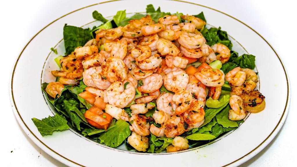Shrimp Avocado Salad (Gf) · Romaine lettuce, tomatoes, cucumbers, cilantro, avocado & grilled shrimps. With champagne dressing