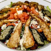 Greek Tavern Salad (Gf) · Garden spring mixed with tomatoes, cucumbers, olives, stuffed grape leaves & feta cheese. Wi...