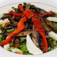 Portobello Salad (Gf) · California spring mixed with tomatoes, cucumbers, grilled portobello mushrooms, roasted pepp...