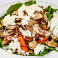 Florentine Salad (Gf) · Baby spinach, tomatoes, bacon, onions, mushrooms, feta cheese & sliced hard boiled egg. With...