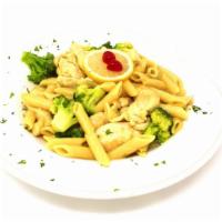 Chicken & Broccoli · Chicken breast sautéed with penne pasta & broccoli in a garlic butter lemon sauce. Topped wi...