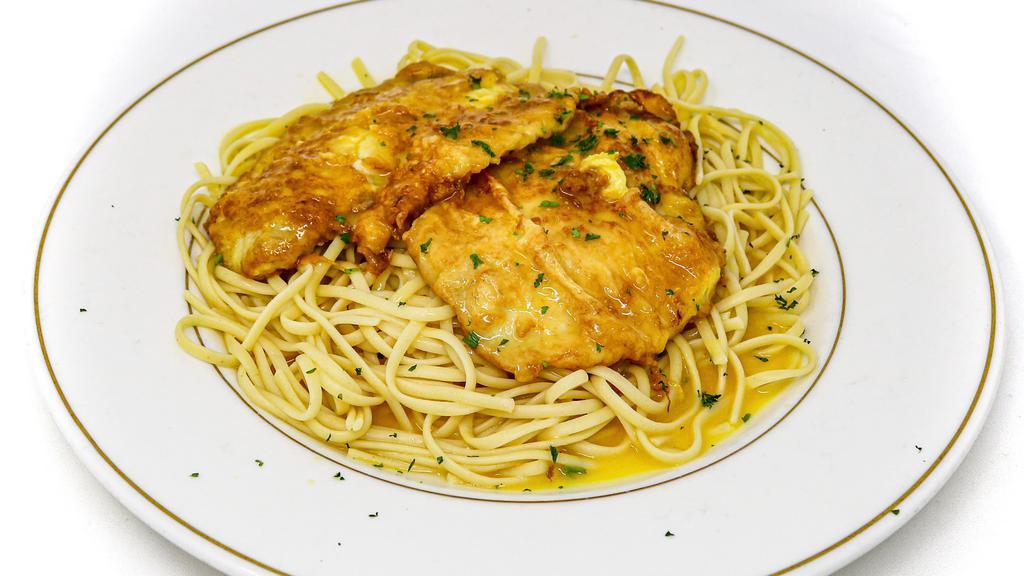 Chicken Alla Francaise · Chicken breast dipped in egg & sautéed with butter lemon wine sauce. Served over linguine