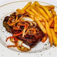 New York Strip Steak · 14 oz. Center cut certified angus, topped with sautéed onions. Served with potato & vegetables