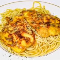 Filet Of Sole Francaise · Dipped in egg, sautéed with lemon butter and wine sauce over linguini.