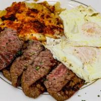 Steak & Eggs · 8 oz. Sliced steak with two eggs (any style)