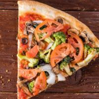Vegetable Pizza (No Cheese) · Tomatoes, black olives, onions, garlic, mushrooms, broccoli & spinach.