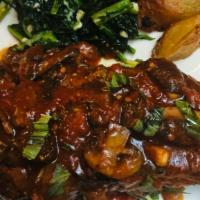 New York Strip Steak · Tuscan Wine Reduction, Broccoli Rabe, Roasted Potatoes