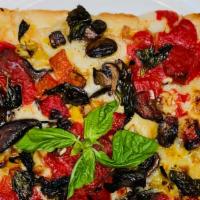 Gluten Free Vegan Viddana · 10 inch square pan gluten free pizza topped with fire-roasted artichokes, red peppers, wild ...