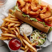 Fish Po Boy W. Salad  · Crispy battered crunchy tilapia fillet, buttered French roll, cabbage, tomato, lettuce, hous...
