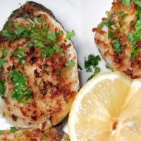 Broiled Oysters · Garlic, Romano cheese, bread crumbs, parsley.