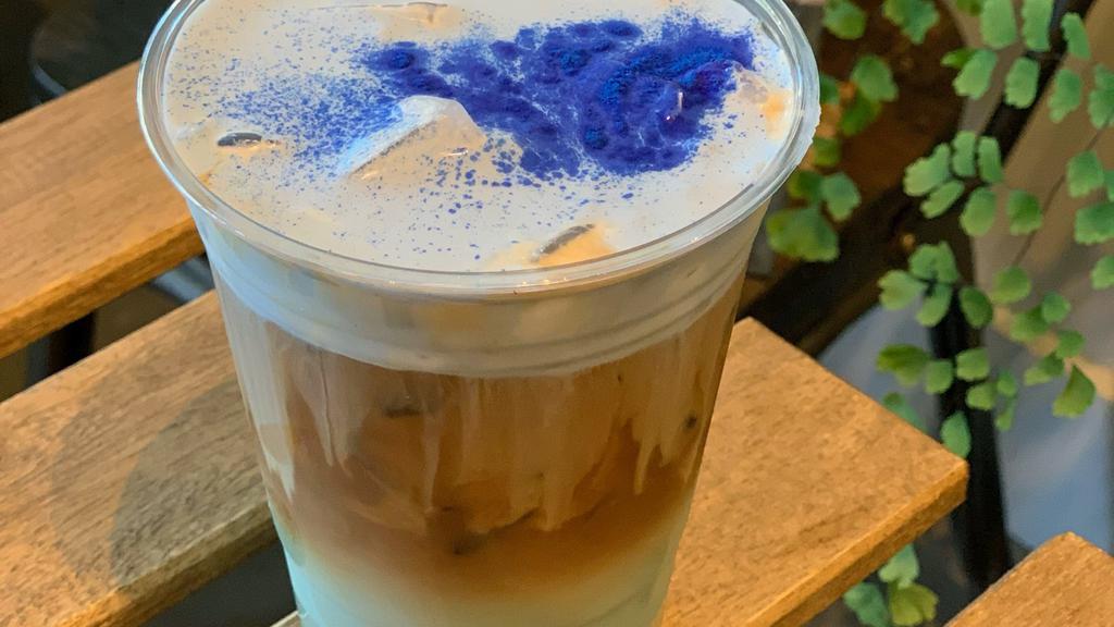Blue Ocean Latte / Ice 16Oz · Double shot espresso, Homemade  Blue Ocean Syrup, Homemade Blue Ocean Cream, Blue Spirulinia Powder, Milk choice