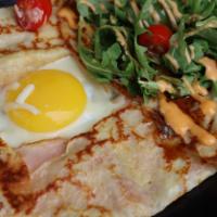 Ham, Egg And Cheese Crepe · Ham, eggs, cheese, avocado, spicy mayo, spring mix,