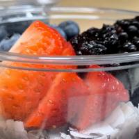 Chia Pudding (Black Chia Seed) · Black chia pudding, almond milk, coconut flake, fresh berries, homemade berry purée