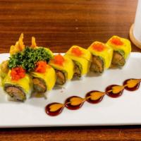 Lover Roll · Eight pieces. Shrimp tempura and salmon tempura inside. Mango, avocado, masago on top with e...