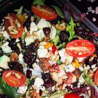 Wild Sunrise Salad · Mixed greens, romaine, sliced apple, grape tomatoes, walnuts, sunflower seeds, crumbled bleu...