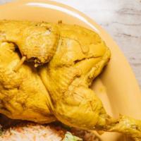 Chicken Maslook (Boiled Chicken) · (Half) chicken boiled with a flavor base made from diced vegetables, served with a large fre...