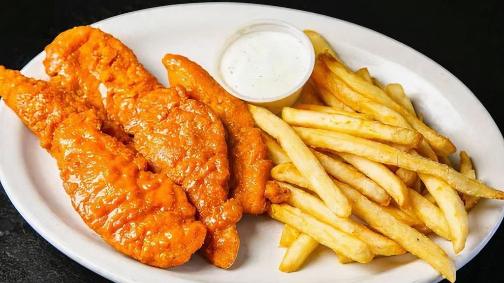 Chicken Tenders (4 Pieces) · Crispy chicken tenders cooked to perfection and tossed in your choice of sauce or rub. Served with a side of bleu cheese and french fries.