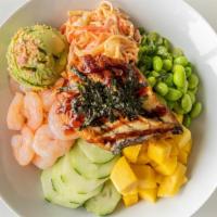 Dragon Bowl (Cooked) · Eel, shrimp, cucumber, edamame, scallion, mango, and mixed with yuzu dressing. Topped with k...