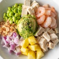 Hawaii Bowl · Grill chicken, shrimp, organic tofu, edamame, red  onion, pineapple, and mixed with sesame g...