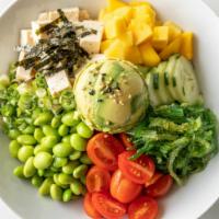 Vegetarian Bowl · Organic tofu, scallion, red onion, edamame, cucumber, diced mango, cherry tomato, and mixed ...