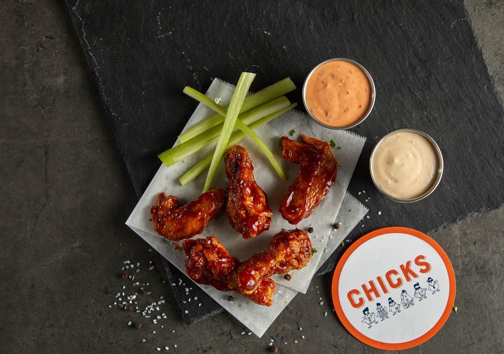 Bbq Wings · Breaded chicken wings tossed in buffalo BBQ sauce (5 Pcs)