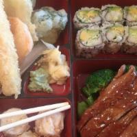 Dinner Box · Served with a California roll, shumai, shrimp tempura appetizer, rice, and soup or salad.