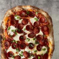 Pepperoni  · San Marzano tomatoes sauce, fresh mozzarella,natural cured  pepperoni ( crispy ), scallion, ...