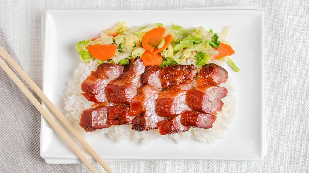 Pork Char Siu Platter · Traditional taste of cantonese roasted pork but utilizing a more premium cut, sweet soy, served with white rice, steamed cabbage, steamed carrots.