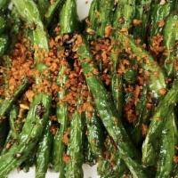 String Beans · Sautéed with black bean sauce and topped with crispy garlic/shallots.