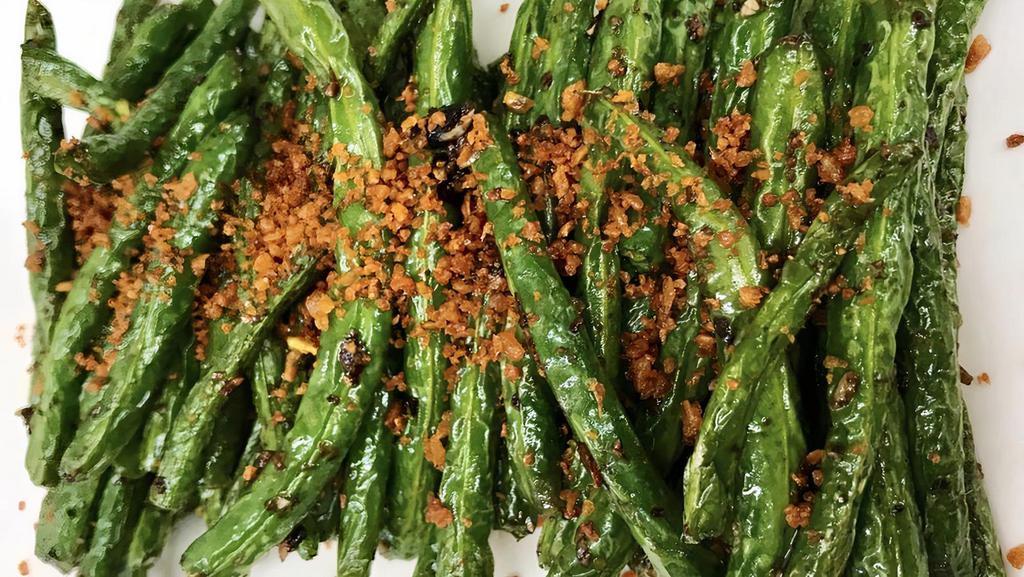 String Beans · Sautéed with black bean sauce and topped with crispy garlic/shallots.