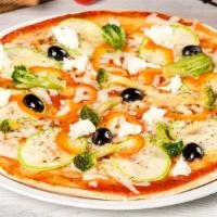 Greek Veggie Pita Pizza · Fresh made pita bread base, topped with red onion, Kalamata olives, crisp green peppers, imp...