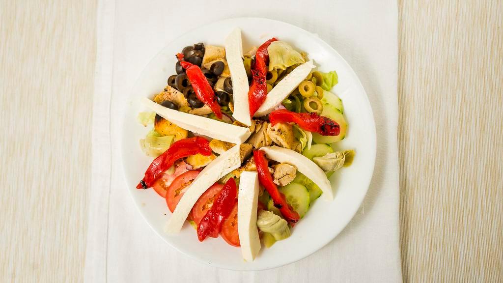 Roma Salad  · Romaine lettuce, tomatoes, onions, olives, cucumbers, olives, roasted peppers, and fresh mozzarella bocconcini balls.