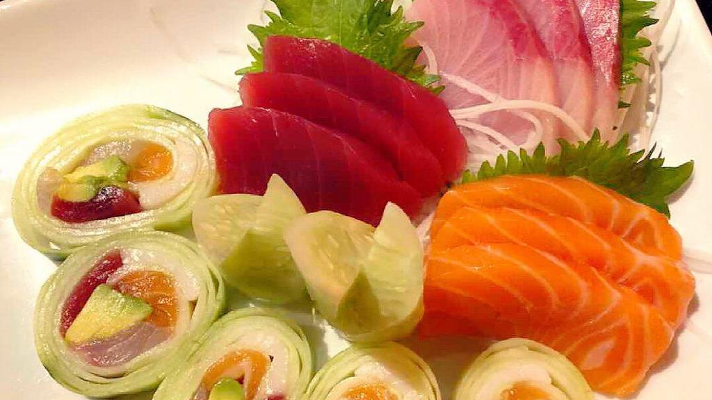 Tri-Color Sashimi · 3 tuna 3 salmon 3 yellowtail and one rainbow naruto roll.