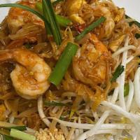 Khon Kaen Pad Thai · Shrimp, brown bean curd, peanuts, chives bean sprout, egg with chicken or vegetable. Add chi...