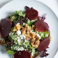 Organic Baby Greens With Beets · Goat cheese, walnuts, beets, white balsamic vinaigrette.