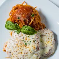 Chicken Parmigiana With Spaghetti · Traditional style chicken parmigiana, spaghetti with pomodoro.
