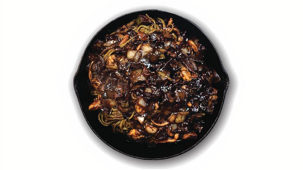해물 철판 짜장 Seafood Iron Plate Jjajang · Grilled noodles and seafood with Chinese black bean sauce.