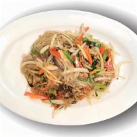 소고기 잡채 Beef Japchae · Stir-fried glass noodles beef, and vegetables with oyster sauce.