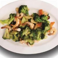 브로콜리 새우 Broccoli Shrimp · Stir-fried shrimps and broccoli with oyster sauce.